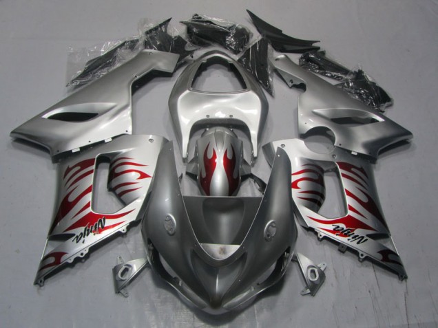 2005-2006 Argent Rouge Flamme Ninja Kawasaki ZX6R Carénage Moto 2005-2006 Argent Rouge Flamme Ninja Kawasaki ZX6R Carénage Moto
