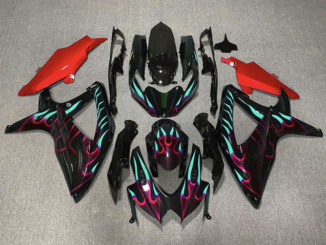 Carénages Moto Suzuki GSXR 600 / GSXR 750 2008-2010 - Noir Brillant Rouge Cyan Flamme