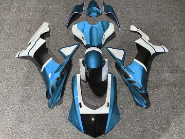 Carénages Moto Yamaha R1 2015-2019 - Bleu Clair Blanc Fibre de Carbone Accents