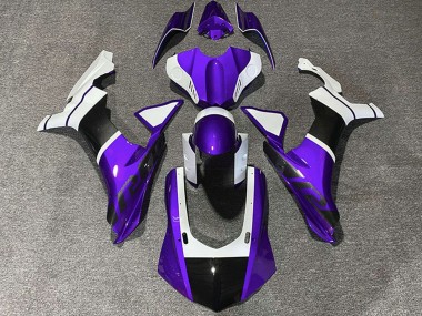 Carénages Moto Yamaha R1 2015-2019 - Blanc Violet Fibre de Carbone Accents