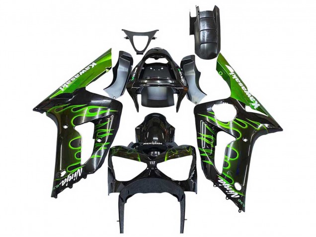 Carénages Moto Kawasaki ZX6R 2003-2004 - Noir Brillant Vert Flamme