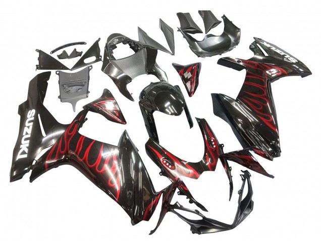 Carénages Moto Suzuki GSXR 600 / GSXR 750 2011-2024 - Noir Brillant Rouge Flamme