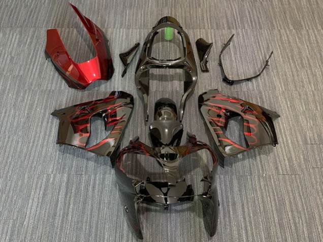 Carénages Moto Kawasaki ZX9R 2000-2001 - Noir Brillant Rouge Flamme