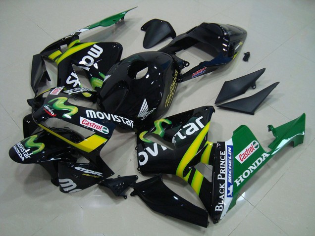 Carénages Moto Honda CBR600RR 2003-2004 - Noir Brillant Jaune Vert MoviStar