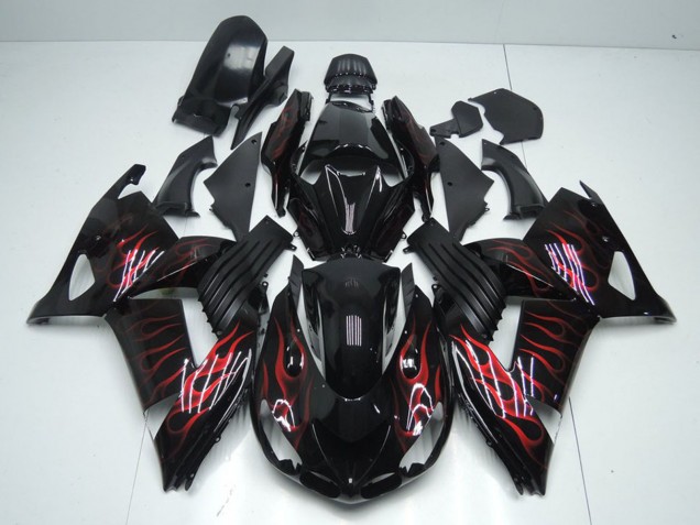 Carénages Moto Kawasaki ZX14R ZZR1400 2006-2011 - Noir Brillant Rouge Flamme